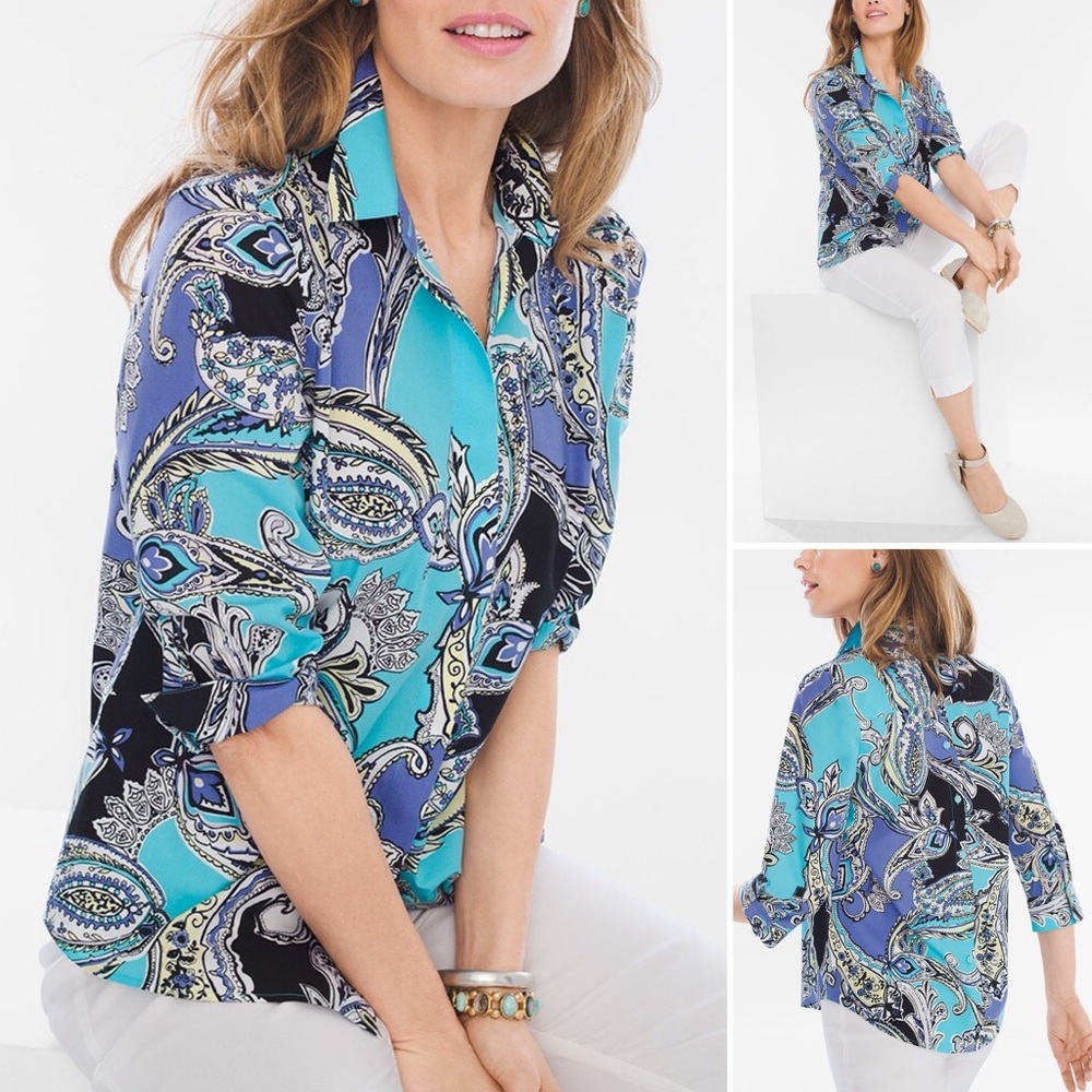 Chico’s Shirt Cotton No-Iron Maritime Paisley Button-Back Detailing 3/4 Sleeves